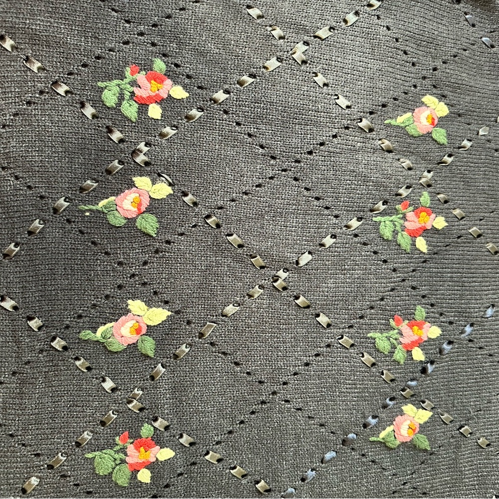 Blue Knit Sweater with Floral Embroidery and Ribbon Detail - Picture 6 of 8